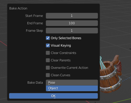 Settings for the baking of the mug animation.