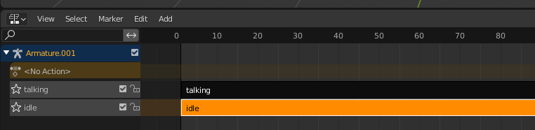 Nonlinear animation editor with two NLE strips (with two animations: idle and talking) pushed down.