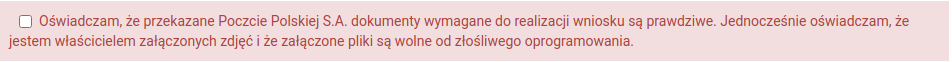 Oświadczenie, które trzeba kliknąć przed wysłaniem reklamacji do Poczty Polskiej.